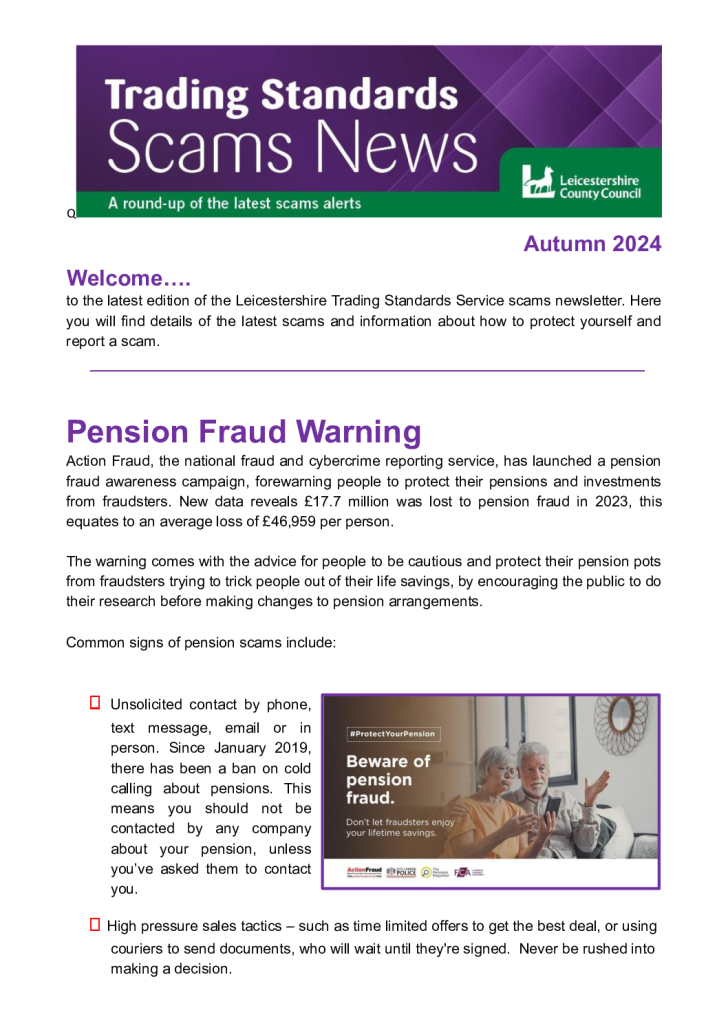 Trading Standards Scams newsletter Autumn 2024 Groby Parish Council