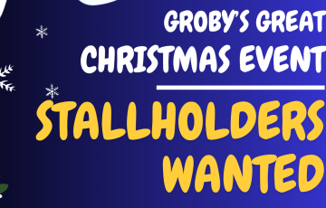 Poster for "Groby's Great Christmas Event" seeking stallholders for arts, crafts, charity, and homemade goods. Event on Sunday, 30th November, 4:30–7:30. Contact details at the bottom; winter-themed design with snow and a cottage.
