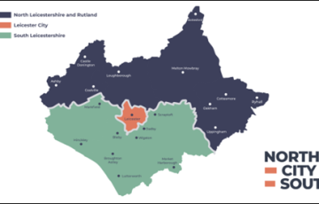 A map of Leicestershire divided into three regions: North Leicestershire and Rutland (dark blue), Leicester City (orange), and South Leicestershire (green), with region names and a legend on the right.