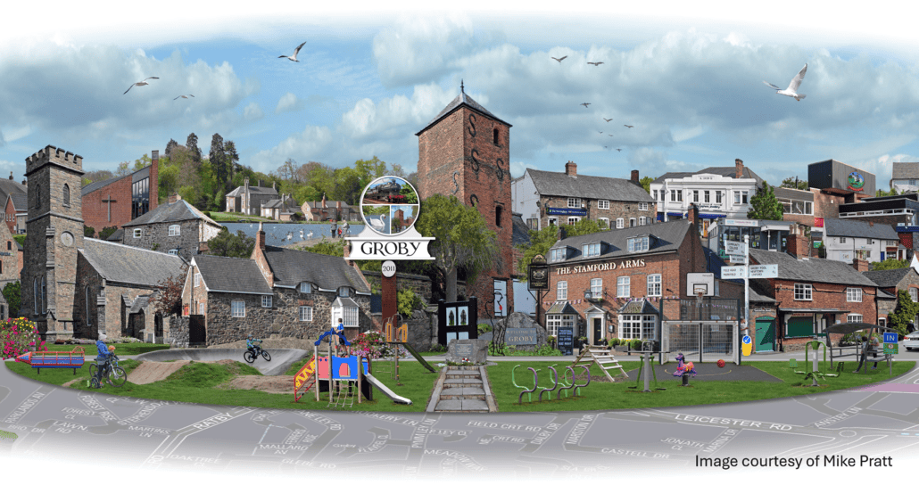 A digital collage of Groby village features historic buildings, a church, playground, outdoor gym, children playing, The Stamford Arms pub, and a cloudy sky with flying birds. Map outlines and "Groby" label are visible.