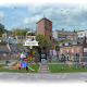 A digital collage of Groby village features historic buildings, a church, playground, outdoor gym, children playing, The Stamford Arms pub, and a cloudy sky with flying birds. Map outlines and "Groby" label are visible.
