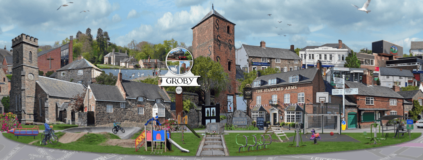 A digital collage of Groby village features historic buildings, a church, playground, outdoor gym, children playing, The Stamford Arms pub, and a cloudy sky with flying birds. Map outlines and "Groby" label are visible.