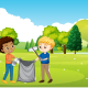 Two children are picking up litter in a park. One child holds open a large gray trash bag while the other uses a grabber tool to place trash inside. Green trees, hills, and a blue sky are in the background.