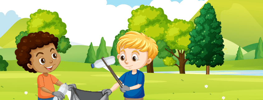 Two children are picking up litter in a park. One child holds open a large gray trash bag while the other uses a grabber tool to place trash inside. Green trees, hills, and a blue sky are in the background.