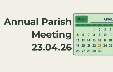 Text reads "Annual Parish Meeting 23.04.26" next to a calendar page showing April 2026, with the date 23 highlighted.