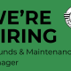 Green graphic with bold black text: "WE'RE RECRUITING Grounds & Maintenance Manager." In the top right corner is the Groby Parish Council logo in black and white.