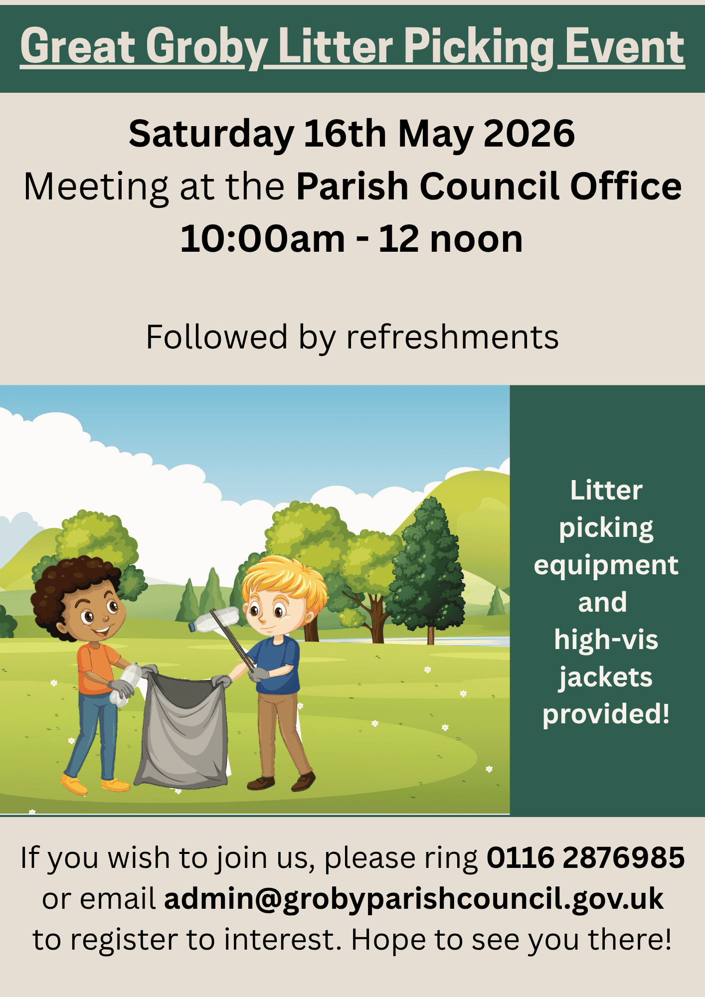 A poster for the Great Groby Litter Picking Event on 16th May 2026, 10am–12pm, at the Parish Council Office. Includes an illustration of two children picking up litter and event contact details.