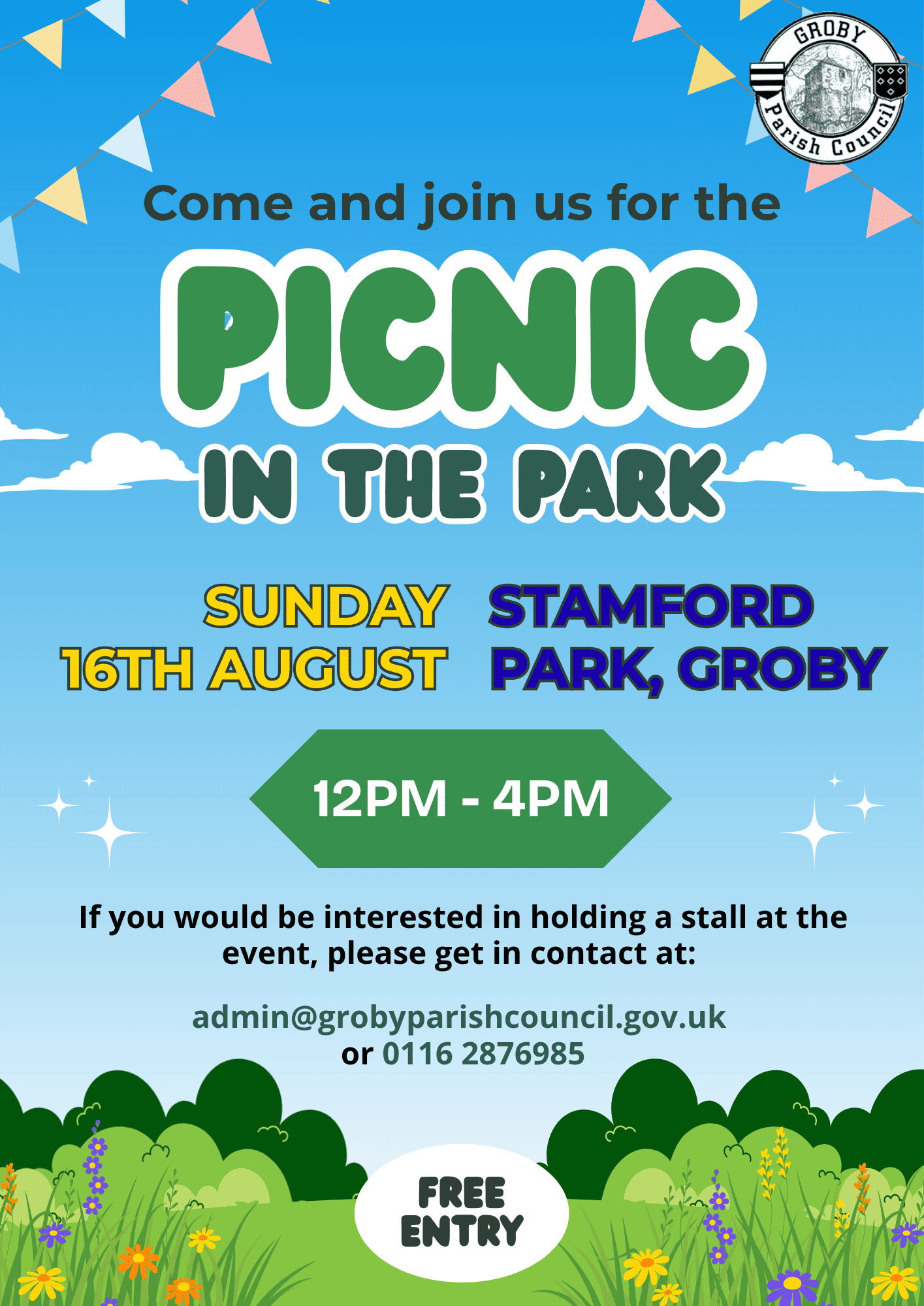 A colourful poster for “Picnic in the Park” at Stamford Park, Groby, on Sunday 16th August from 12pm to 4pm. Includes contact email, phone number, and notes free entry. Illustration features a bright park scene.