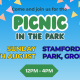 Colourful flyer with bunting, clouds, and trees, promoting "Picnic in the Park" at Stamford Park, Groby, on Sunday 16th August, 12pm-4pm. Free entry; contact details for stalls included. Groby Parish Council logo shown.