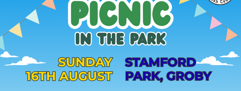 Colourful flyer with bunting, clouds, and trees, promoting "Picnic in the Park" at Stamford Park, Groby, on Sunday 16th August, 12pm-4pm. Free entry; contact details for stalls included. Groby Parish Council logo shown.