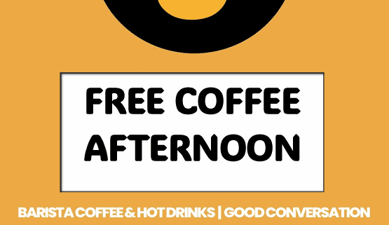 Poster for "Free Coffee Afternoon" with a coffee cup logo at the top. Event runs Tuesdays, 1–2:30pm, at Markfield Community Library. Includes dates in May and June. Organised by RCC and promoted as good conversation.