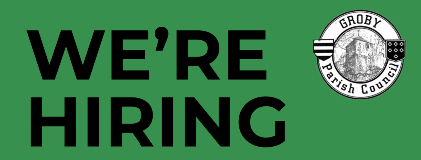 Green and beige poster with the Groby Parish Council logo, large text reading "We're Recruiting" and smaller text "Grounds Operative" below.