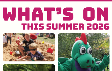 Poster titled "What's On This Summer 2026" shows children playing in sand, a green dragon mascot, children running on grass, and a group of children playing under colourful fabric. Text mentions activities for families.