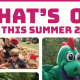 Poster titled "What's On This Summer 2026" shows children playing in sand, a green dragon mascot, children running on grass, and a group of children playing under colourful fabric. Text mentions activities for families.