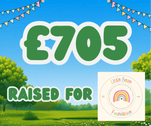 £705 raised for Little Beam Foundation, shown in large green text on a bright, sunny park background with trees, bunting, and the charity’s colourful logo featuring a rainbow.