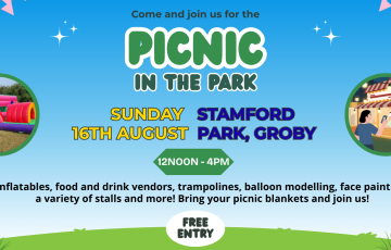 Colourful “Picnic in the Park” event flyer with festive images of an ice cream van, inflatables, face painting, and a park setting. Text details the event date, time, location, activities, and states free entry.
