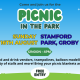 Colourful “Picnic in the Park” event flyer with festive images of an ice cream van, inflatables, face painting, and a park setting. Text details the event date, time, location, activities, and states free entry.