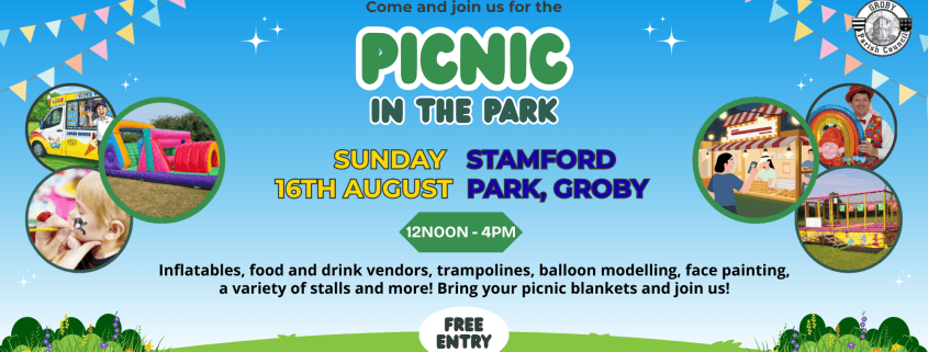 Colourful “Picnic in the Park” event flyer with festive images of an ice cream van, inflatables, face painting, and a park setting. Text details the event date, time, location, activities, and states free entry.