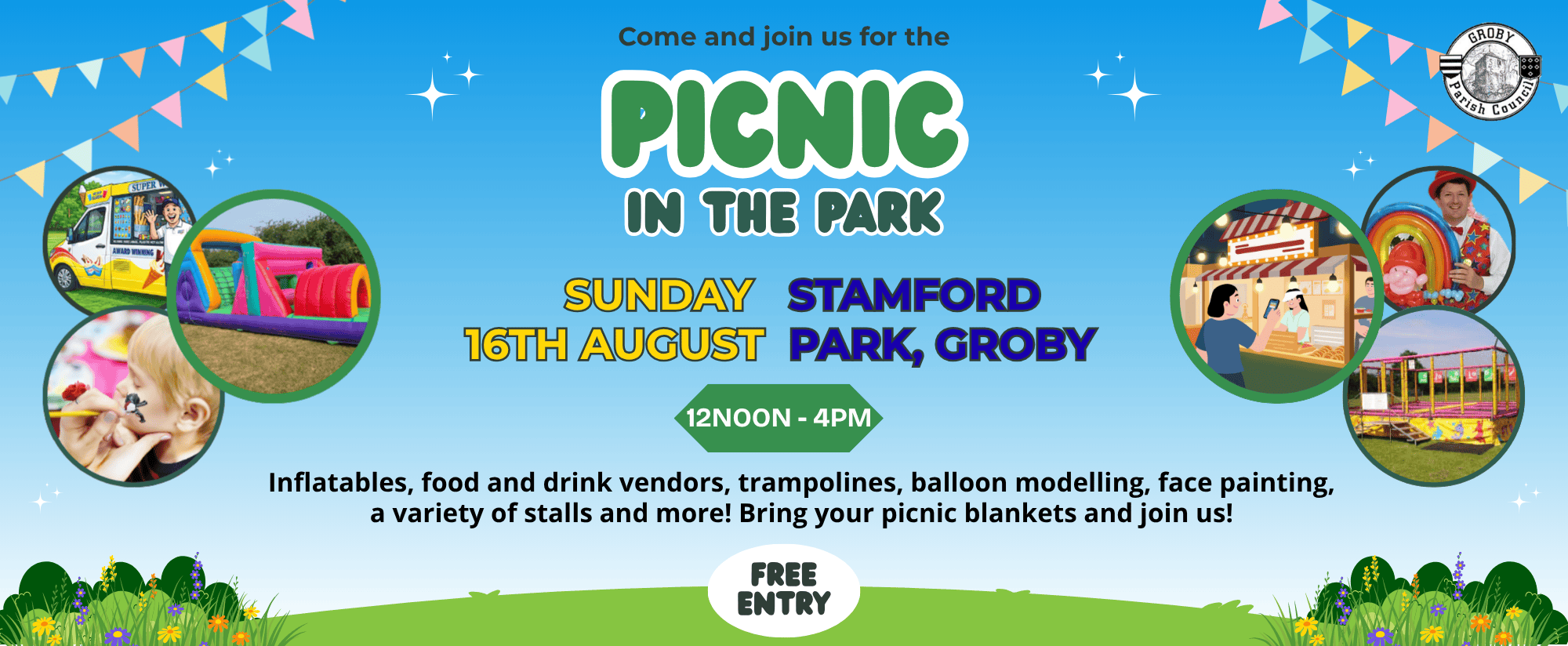 Colourful “Picnic in the Park” event flyer with festive images of an ice cream van, inflatables, face painting, and a park setting. Text details the event date, time, location, activities, and states free entry.