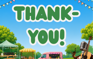 Outdoor market scene with marquees, a pink food van, picnic supplies, guitar, and old-fashioned microphone. Trees and bunting in the background. Large text in the centre reads “THANK-YOU!” in bold green letters.