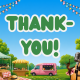 Outdoor market scene with marquees, a pink food van, picnic supplies, guitar, and old-fashioned microphone. Trees and bunting in the background. Large text in the centre reads “THANK-YOU!” in bold green letters.